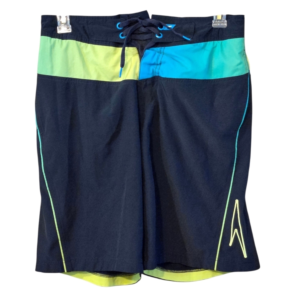 Speedo Men's M Blue Black Board Shorts Swim Trunks Colorful Neon Trim Drawstring - Picture 4 of 15